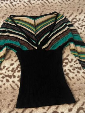 bebe Striped V-Neck Knit Top in Black, Teal and Brown